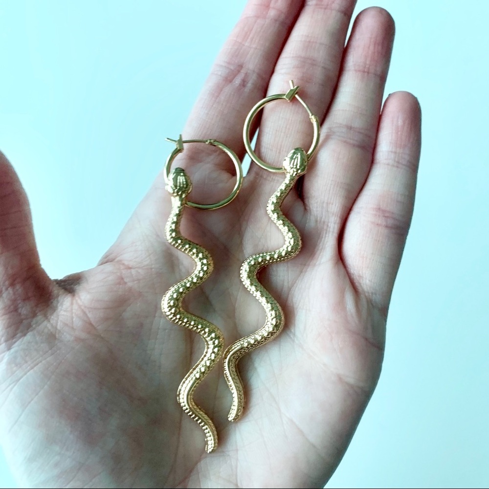Gold Snake Dangle Hoop Earrings